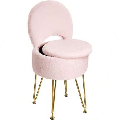 Small Vanity Stool Chair With Storage And Folding Back, 13" X 13" X 17.7" Faux Fur Soft Ottoman For Teenager, 4 Metal Legs With Anti-Slip Feet, Furry Padded Seat For Makeup, Bedroom, Pink