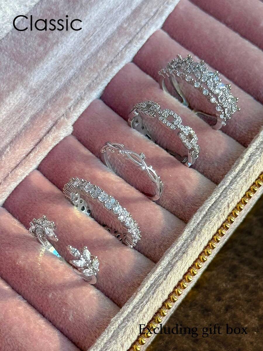 5件組奢華立方鋯石葉片開口銅戒指套組，適合女性派對穿著（不含禮盒）