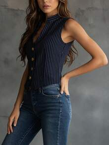 Women's Sleeveless Striped Blouse With Gold Buttons And Stand Collar, Regular Fit - Dark Blue - View 3