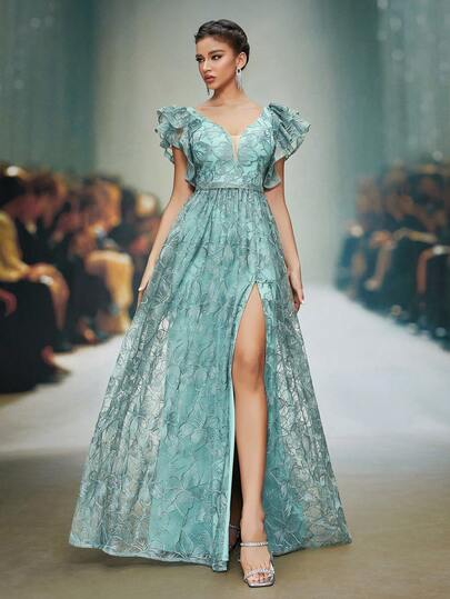 Mgiacy Peacock Green Floral Lace V-Neck Ruffle Sleeve High Slit A-Line Maxi Dress, Elegant Women Summer Wedding, Gala, Evening Party, Holiday Outfit