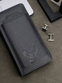 HOVI'S 男士长款拉链钱包 - 棕色高品质布料钱包，饰有老鹰压纹，可拆卸卡套和腕带，12个以上卡位+手机隔层，2024商务钱包