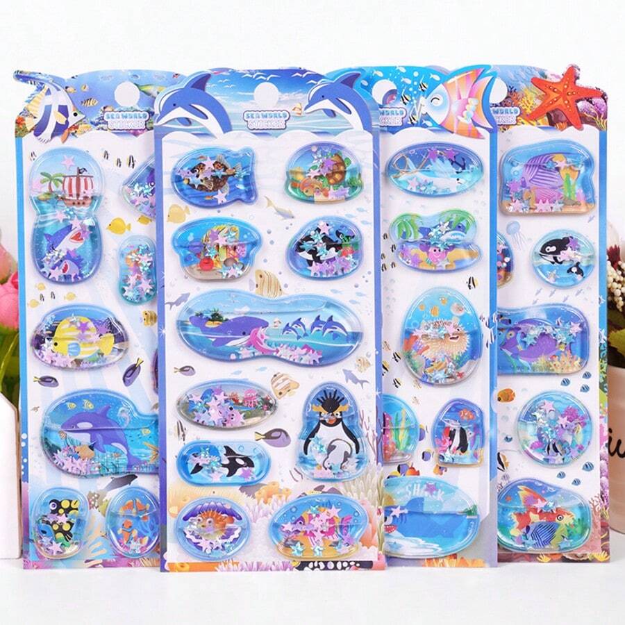 Ocean Animal Shaker Stickers, Underwater Creatures Shark Dolphin Quicksand Crystal Sticker Decals - Multicolor - View 1