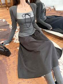 休闲条纹拼接T恤，秋季 - 灰色 - 查看 8