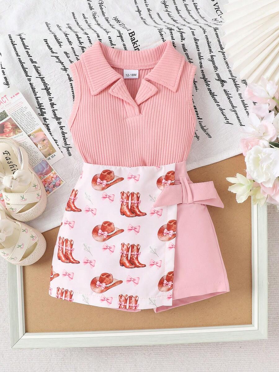 2件套女婴优雅柔软polo领背心+裙裤套装，夏季商务休闲装 - 粉色 - 查看 1