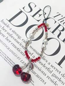 1件红色樱桃串珠手机链，高端水晶珍珠手机壳挂绳，CCD相机吊坠，多功能吊坠 - 查看 4