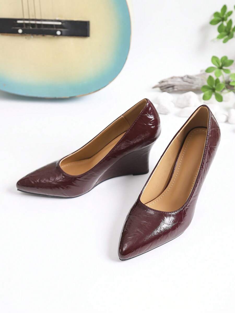 2026 New Pointed Toe High Heel Shoes, Patent Leather Shiny Commuting & Outdoor Low Vamp Wedge Pumps, Women's All-Match Versatile - Burgundy - View 1