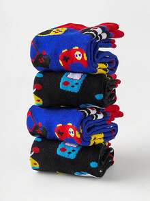 4 Pairs Racing Car Patterned Socks - Novelty Gift For Car Enthusiasts - Knitted Racing Car Design Fun Socks, Crazy Happy Mid-Calf Socks - Multicolor - View 8