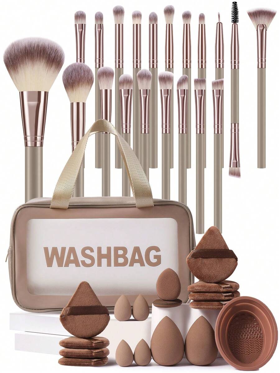 38PCS Makeup Tools Set Including:20PCS Makeup Brush Set+1pc Multi-Functional Zipper Toiletry And Cosmetic Bag Waterproof+8PCS Triangle Powder Puffs+4PCS Mini Makeup Sponges+2PCS Mini Air Cushion Powder Puffs+2PCS Makeup Sponges+1pc Makeup Brush Cleaning Tools,All-In-One & Beginner-Friendly | Travel-Ready & Gift-Ready | Perfect For Newbies/Her