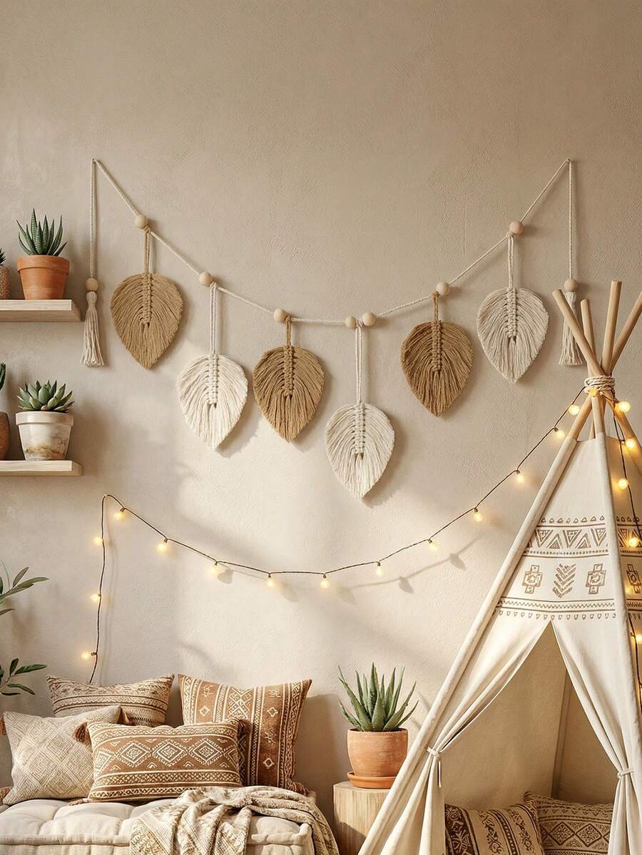 1件波西米亚风编织树叶挂饰，手工米白色编织树叶墙饰，流苏树叶图案装饰，适用于客厅卧室，别致波西米亚家居墙面装饰，独特编织树叶挂饰，现代波西米亚风墙面装饰，优雅编织树叶造型挂饰，自然灵感墙面装饰，艺术编织树叶墙面装饰