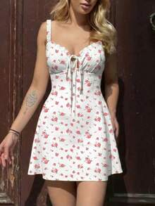 Vestido corto de verano con estampado floral, sexy y con espalda descubierta, elástico, adecuado para uso diario, vacaciones en la playa y fotografía elegante - Rojo y blanco - Ver 4