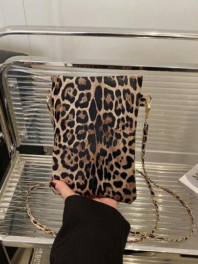 Fashionable Ladies Phone Pouch Bag Chain Decor Fit Phone & Coins Crossbody Wear Suitable Shopping Wallet Purse Wallet Phone Bag Cheetah Print Leopard Print S71E