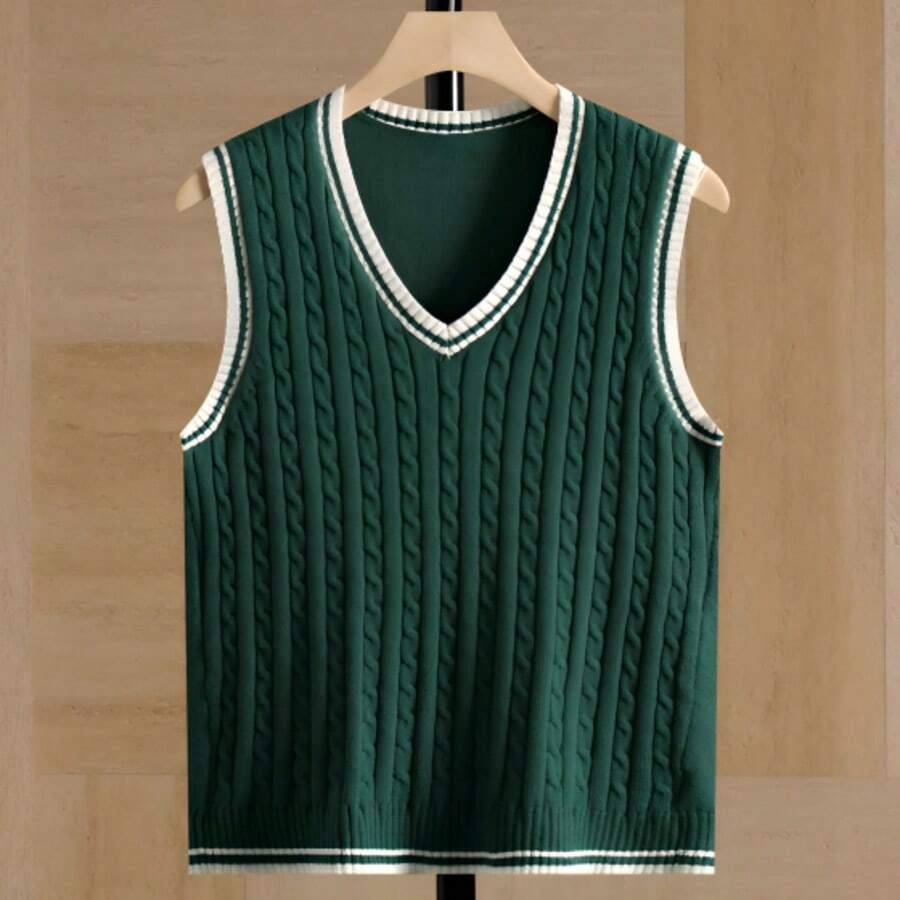 Men's Color-Blocked V-Neck Plush Casual Knit Vest, Stylish And Sexy, Suitable For Spring And Autumn. - Green - View 1