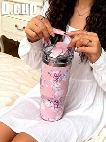1pc 900ml Vintage Floral Pattern Double Wall Stainless Steel Insulated Tumbler, Flat Bottom Cup, Coffee Mug, Car Cup, Water Bottle, Outdoor Tumbler, Tea Cup, Vacuum Flask, With Drinking Spout And Straw Design, Suitable For Outdoor, Office, Home, School, Car, Gym, Travel, Birthday Gift, Holiday Gift, Mother's Day Gift, Father's Day Gift, Back To School, Valentine's Day Gift - Multicolor - View 8