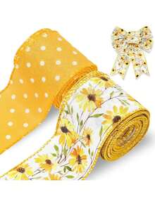 2 Rolls Floral Ribbon With Wire, 2.5 Inch Wide X 10 Yards Long, Total 2 Rolls; Yellow Rain Boot Pattern Spring Ribbon, Plaid And Polka Dot Print, Suitable For Summer Crafts, Gift Wrapping, Wreaths, Bows, Basket Decor - Yellow - View 1