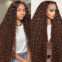 34 Inches Chocolate Brown Curly Lace Front Wigs Colored  Human Hair Wigs Pre Plucked Deep Wave 13X4 Hd Lace Frontal Brazilian Wig - S4 - Xem 8