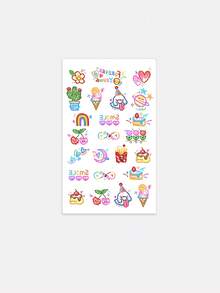 1张时尚多巴胺彩色可爱卡通临时纹身贴纸，可用于手指和手掌装饰，多种款式可选，防水、防汗、可水洗、持久耐用，少女风假纹身贴纸 - 彩色 - 查看 2
