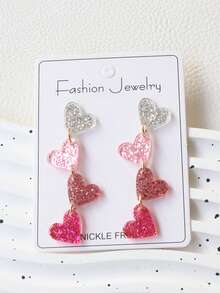 一对亚克力可爱三心耳环，闪亮粉色心形耳环，甜美时尚耳环，情人节派对礼物 - 四連愛心 - 查看 2