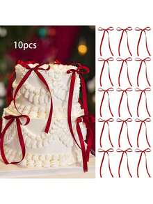 10pcs Elegant Red Fabric Bow Cake Toppers, Suitable For Wedding, Birthday, Bridal Shower, Graduation - Craft, Party Favor, Gift Wrapping, Cake Decorations, Holiday Cake Decor, Decorative Bows - Multicolor - View 1