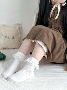 6 Pairs Baby/Toddler Lace Trim White Mid-Calf Socks, Spring - White - View 4