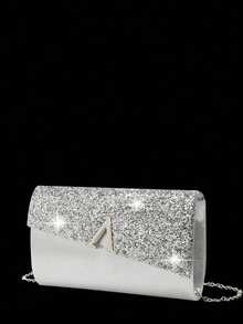 Women's Diamond Jewelry Sparkling Luxury Rhinestone Jewelry Set Sparkling Necklace Earrings Bracelet Set Glitter Wrinkle Handheld Banquet Bag V-Shaped Flip Cover Envelope Bag Handheld Bag Banquet Bag Wallet Handbag Elegant Handheld Banquet Bag Handbag Women's Ball Handbag Women's Bridal Banquet Bag Ball Handbag Metal Chain Handbag Wedding Party Handbag Cocktail Party Wedding New Wallet Banquet Bag - Silver - View 4