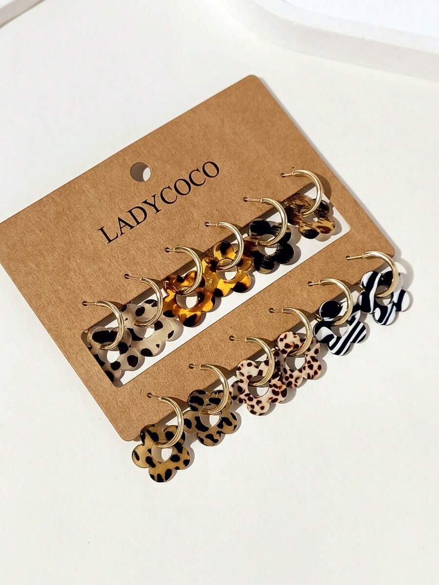 LADYCOCO 6對時尚可愛豹紋壓克力樹脂五瓣吊墜鐵製C型耳環套組，適合女性配戴，約會、派對、禮物，五葉草元素