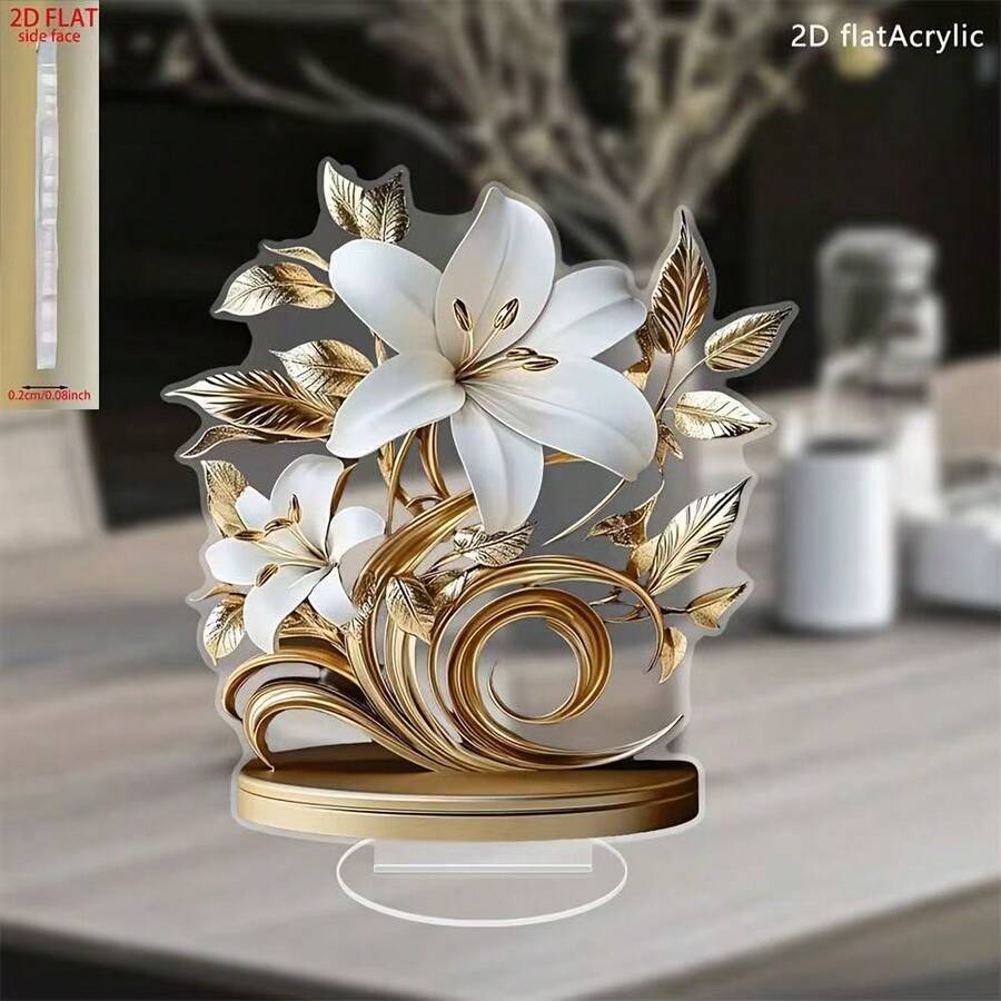 Trang trí bàn làm việc hình hoa ly nở rộ bằng acrylic 2D, thiết kế lá vàng và nhụy hoa. - Nhiều màu - Xem 1