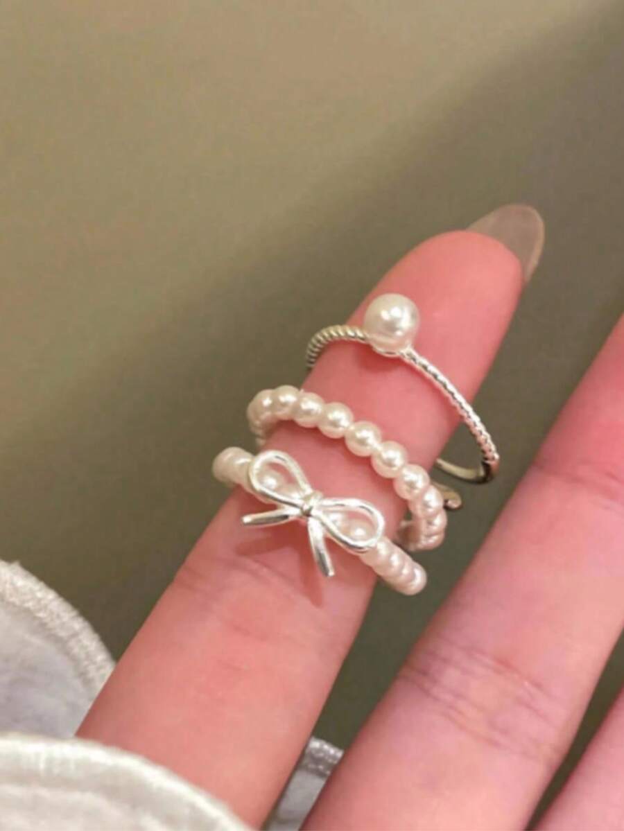 3件套简约蝴蝶结珍珠串珠可调节戒指套装，优雅百搭的日常饰品，送给女友、姐妹、圣诞节、情人节、生日、母亲节的绝佳礼物