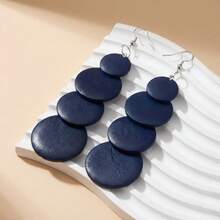 1 Pair Navy Blue Wooden Geometric Round Earrings, Vintage Wooden Round Chain Earrings, Iron Earring Hooks, Fashion Jewelry Set For Women, Suitable For Daily Wear And Gifting, Accessory For All Seasons - Royal Blue - View 6