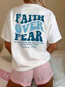 1pcs Plus Size Women's T-Shirt, Printed With "FAITH OVER FEAR" And Bible Verse Designs On The Back, Suitable For Church Services, Religious Activities - 白4 - 查看 6