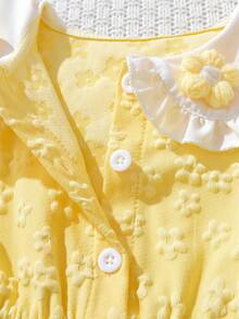 女童圆领前扣泡泡袖公主薄纱连衣裙，休闲连衣裙 - 黃色 - 查看 4