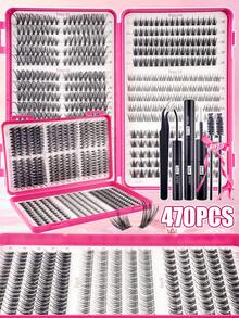 470pcs False Eyelashes Set, Includes Glue, Sealer, Tweezers, Lash Brush, Beginner-Friendly Kit, Creates Soft & Natural Lash Effect, Long-Lasting Thick & Fluffy, Portable Travel Size, False Lashes + Lash Curler + Lash Brush, Easy To Use, 6 Mixed Styles To Suit Different Eye Makeup Needs, Suitable For Daily/Dramatic/Party/Wedding/Fox Eye/Cat Eye Looks. - 彩色 - 查看 4