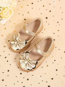 优雅蝴蝶结装饰平底鞋，适合幼儿女孩，适合舒适的室内家庭聚会穿着 - 金色 - 查看 5