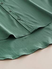 Minimalist Lapel Long Sleeve Loose Women's Shacket, Featuring Shirt Collar And Asymmetric Hem Design Spring - Bean Green - View 8