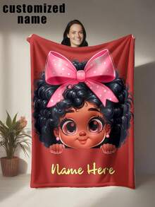 1pc Personalized Name Blanket With Cartoon Girl Character & Bow Design, Soft Warm Flannel Blanket, Memorable Gift Idea For Birthday, Christmas, Family, Friends, Suitable For Bedroom, Living Room, Sofa, Bed, Office, Car, Great For Napping, Lightweight Outdoor Travel - 1 Polyester Blend - Multicolor - View 15
