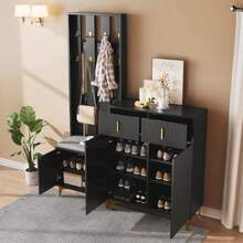 Wardrobe Set With Shoe Bench And Cushion, Wardrobe Front With Hooks, Shoe Cabinet With Drawers And Doors - 黑色 - 查看 5