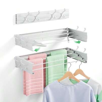 Mounted Clothes Drying Rack For Laundry 23.6, Folding Clothes Drying Rack With 4 Towel Hooks And 4 Rods For Hanging Coat Dedicates, Space Saving For Bedroom Bathroom Balcony Living Room 23.6