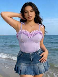 Lavender Ruffle Flower Bustier Bodysuit - Beach Vacation Sweetheart Corset Top - Mauve Purple - View 1