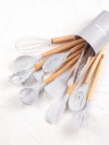 Wooden Handle Silicone Kitchen Utensils, Heat Resistant Silicone Whisk
