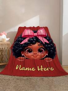 1pc Personalized Name Blanket With Cartoon Girl Character & Bow Design, Soft Warm Flannel Blanket, Memorable Gift Idea For Birthday, Christmas, Family, Friends, Suitable For Bedroom, Living Room, Sofa, Bed, Office, Car, Great For Napping, Lightweight Outdoor Travel - 1 Polyester Blend - Multicolor - View 4