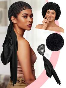 2-In-1 Multifunctional Hair Net, Includes Sleep Cap, Hair Net Cap, Satin-Edged Sleep Cap And Crochet Hair Band, Travel Essential, Convenient For Creating Various Hairstyles, Ideal For Daily Hair Care, Comfortable And Easy To Use - Light Pink/gray - View 23