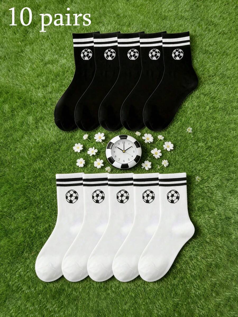 1/10双装男女通用黑白条纹足球中筒袜，休闲舒适，柔软亲肤，适合日常穿着、运动、旅行、学院风搭配，四季皆宜。 - 黑與白 - 查看 1
