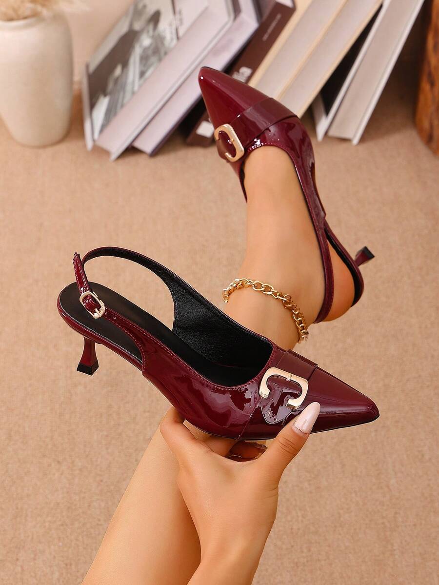 Giày cao gót mũi nhọn cao 7cm thanh lịch, quai cài điều chỉnh được, màu đỏ rượu vang quyến rũ, chất liệu PU tráng gương, đa năng cho sử dụng hàng ngày, dự tiệc, Giáng sinh, Lễ tình nhân, hẹn hò, dạ hội, trang phục công sở trang trọng. - Màu Đỏ Sâu - Xem 1