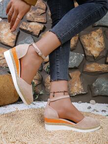 2026 European & American Spring/Autumn New Platform Pointed Toe Hollow Out Sandals Women Chunky Heel Ankle Strap High Heels - Beige - View 3