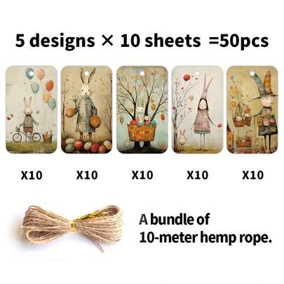 50pcs Retro Abstract Bunny Hang Tags With Hemp Rope, Easter Bunny, Eggs And Spring Floral Design Gift Labels For Birthday And Happy Easter Party Decoration, Craft Projects & Gifts Wrapping Supplies, Easter Gift Tags