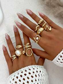 11 件/套时尚金属几何镂空液体抽象水滴设计开口戒指，复古波西米亚巴洛克风格仿珍珠装饰戒指套装，女士时尚首饰套装，适合日常装扮、海滩度假和派对配饰 - 金黃色 - 查看 3