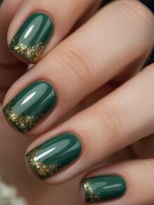 24pcs French Green Nails With Gold Glitter, Press-On Nails, Y2K Nails, Nail Art - Green - View 8