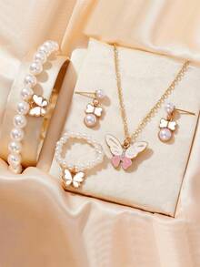 Jewelry Set Pearl Bracelet Ring Cute Drip Oil Butterfly Necklace Earrings Female