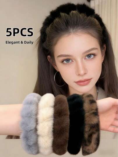 5条装女士毛绒时尚多功能齿状发箍，灰色、白色、棕色、黑色、豹纹印花发饰，适合日常佩戴，居家、学校、海滩、工作、派对、节日、生日、返校、大学风、新年、情人节、母亲节、婚礼、音乐节、秋冬季等场合，可作发带、发箍等。