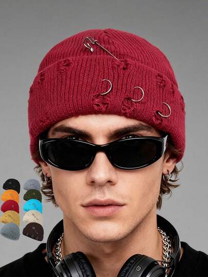 Autumn/Winter New Ripped Knit Beanie Hat, Unisex Streetwear Style Cap, Versatile Knit Hat, European & American Chain Hole Knit Hat, Unisex Outdoor Warm Hat, Flat Top Hat, Solid Color Round Top Hat