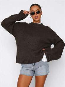 Women's Oversized Mock Neck Knit Sweater - Winter Must-Have Warm Cozy Soft Pullover | Multiple Colors Casual Streetwear Top - 咖啡棕 - 查看 4